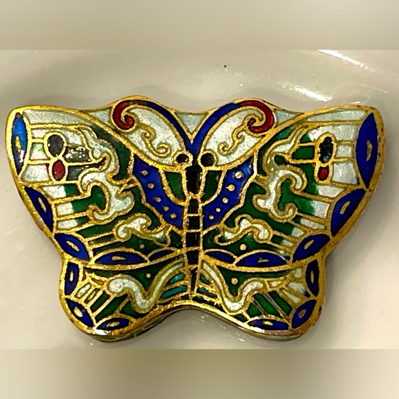 Vintage Cloisonné Butterfly Enamel Trinket / Pill Box - Picture 4 of 5